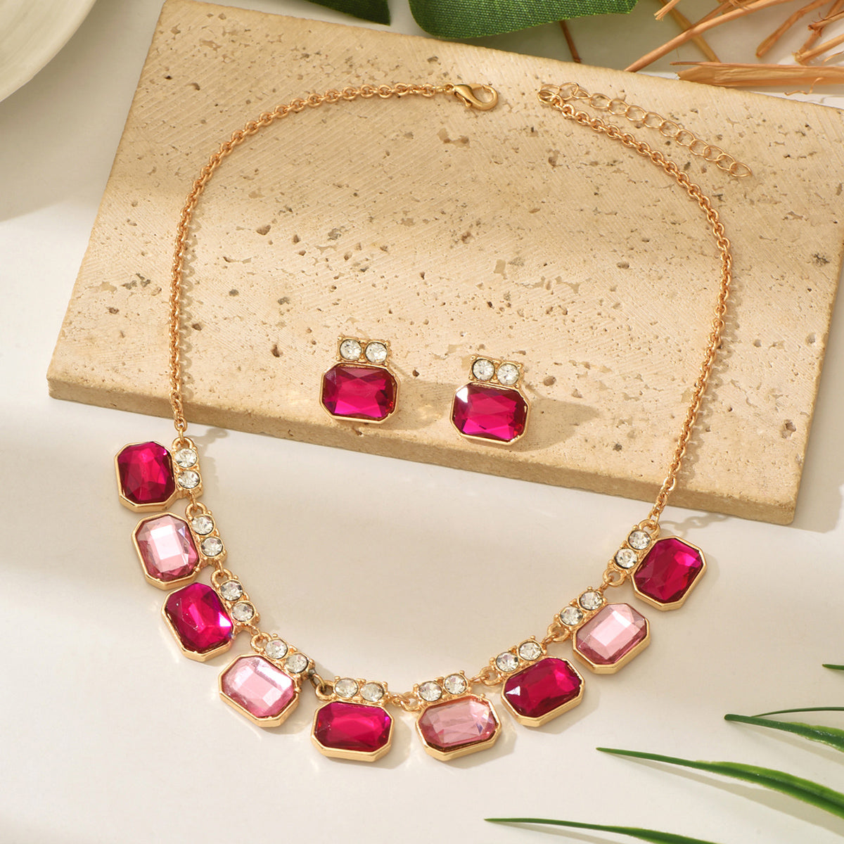 Pink Ruby Crystal Jewelry Set