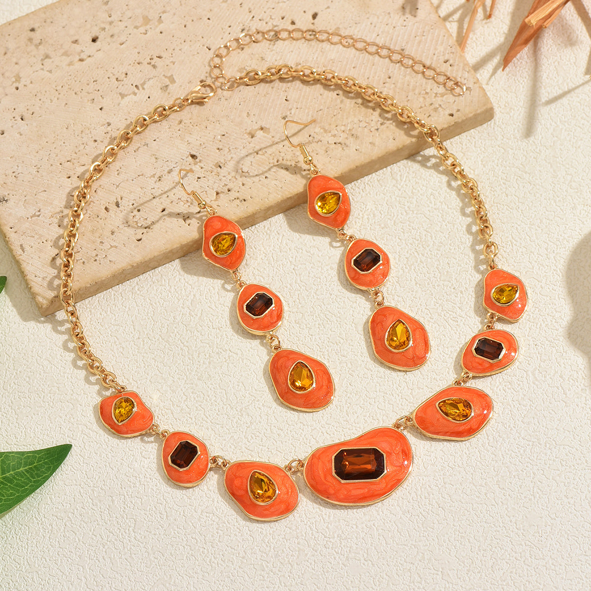 Orange Enamel Gemstone Jewelry Set