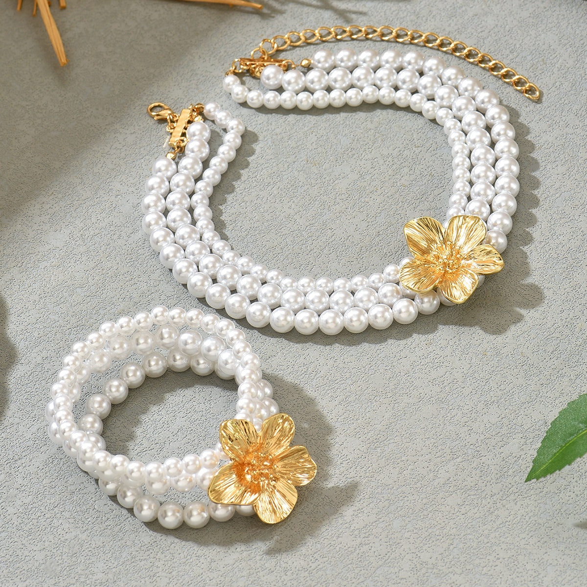 Multi-Strand Pearl Gold Flower Jewelry Set
