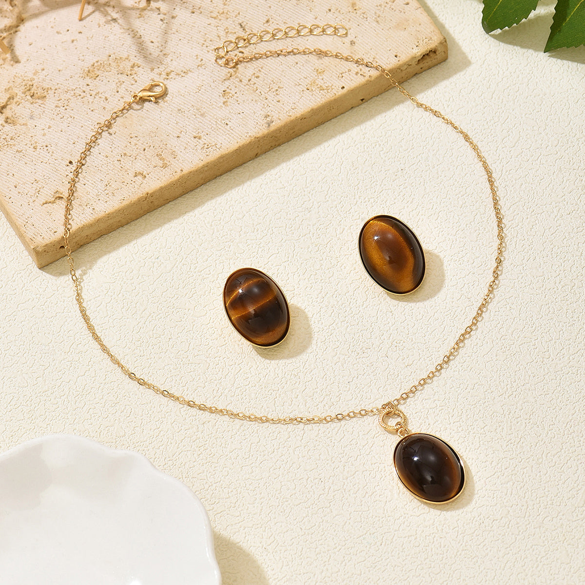 Tiger Eye Oval Minimalist Jewelry Set