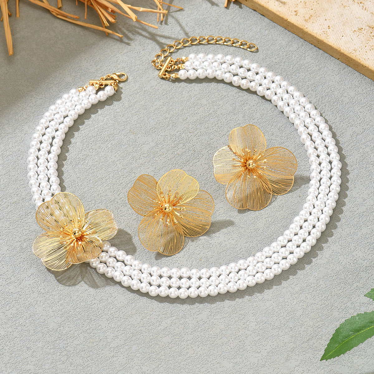 Pearl Multi-Strand Gold Flower Jewelry Set